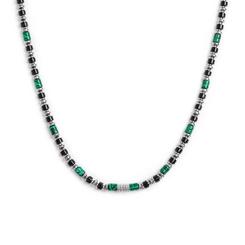 marlu - collana con rondelle in malachite ed onice nera elementi in ematite