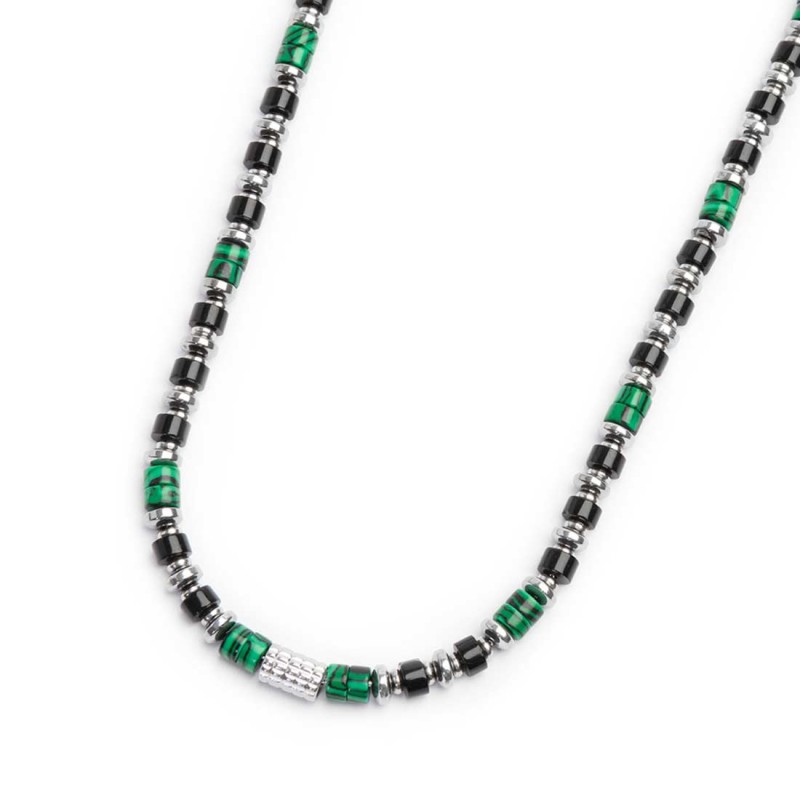 marlu - collana con rondelle in malachite ed onice nera elementi in ematite